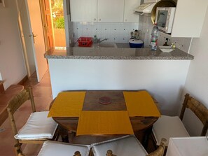 Fridge, stovetop, dishwasher, coffee/tea maker
