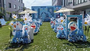 A decorated outdoor area with a pathway lined with blue and white floral arrangements and cartoon character cutouts. - Baoqing Villa (Shaoyang)