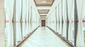 A long, narrow hallway with large windows on both sides, leading to a door at the end.
