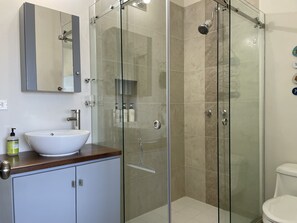 Dusche, Haartrockner, Handtücher, Seife