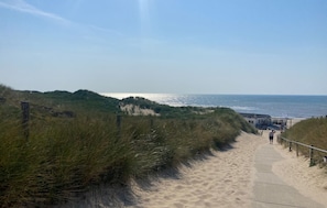 En sandig stig som leder till havet, med gräsklädda sanddyner på vardera sidan.