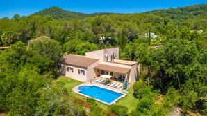 Una casa con piscina, rodeada de exuberante vegetación y colinas.