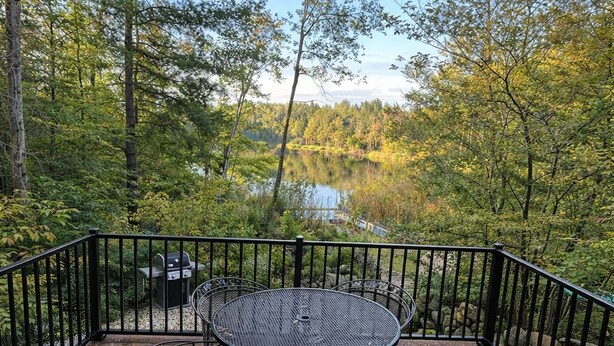 Eine Holzterrasse mit einem Metalltisch und Stühlen, umgeben von einem schwarzen Geländer, mit Blick auf einen See und einen Wald.