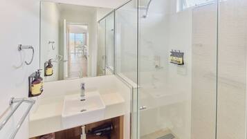 A modern bathroom with a glass shower enclosure, a white sink, and a mirror.
