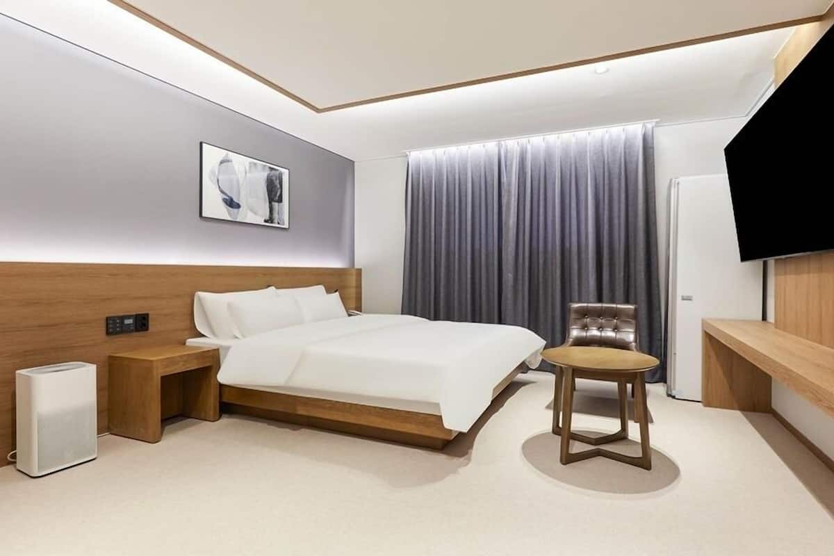 Een moderne hotelkamer met een groot bed, nachtkastje, stoel, flatscreen televisie en een groot raam met gordijnen.