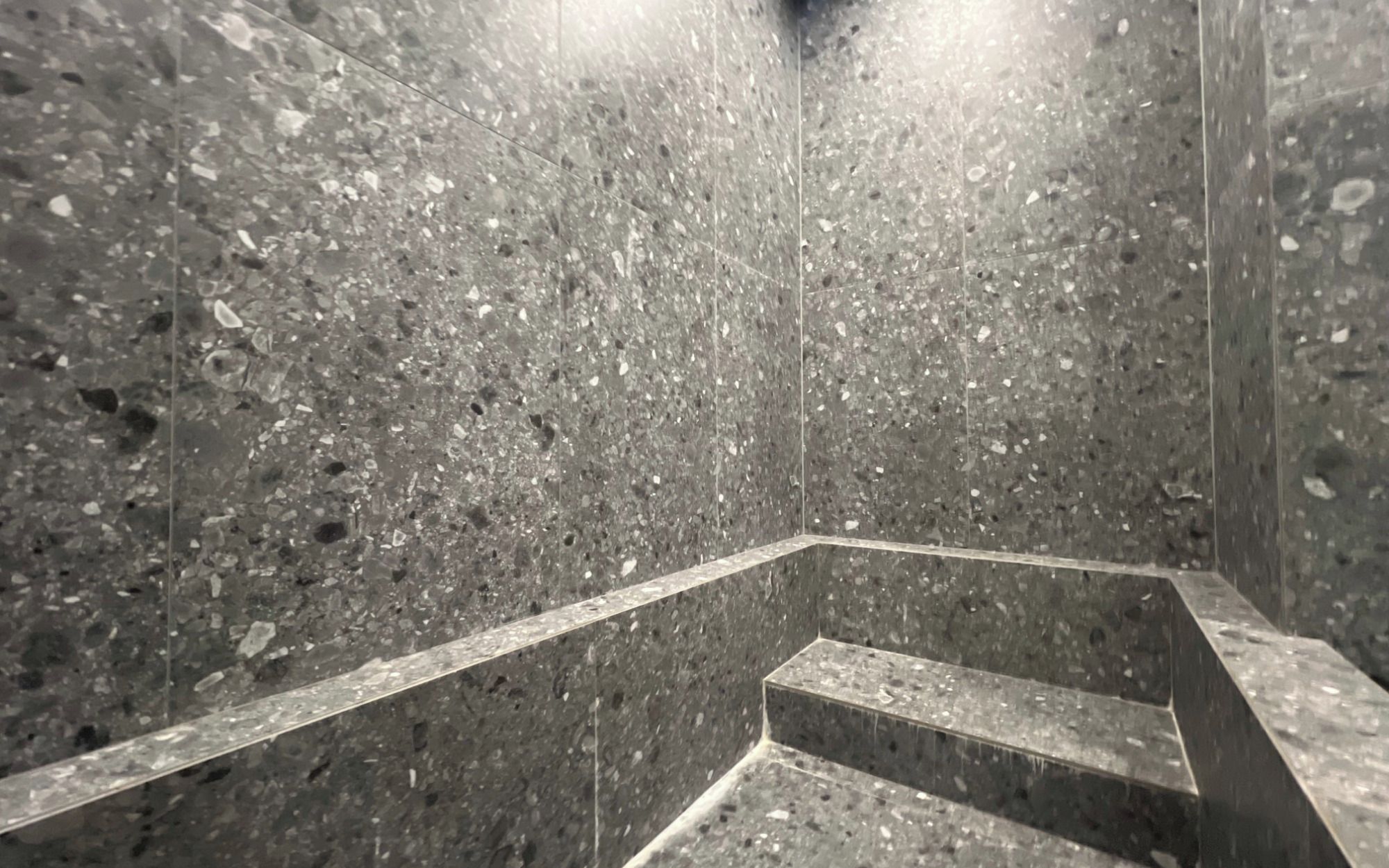 Unos escalones con piso de terrazo que conducen a un nivel superior.