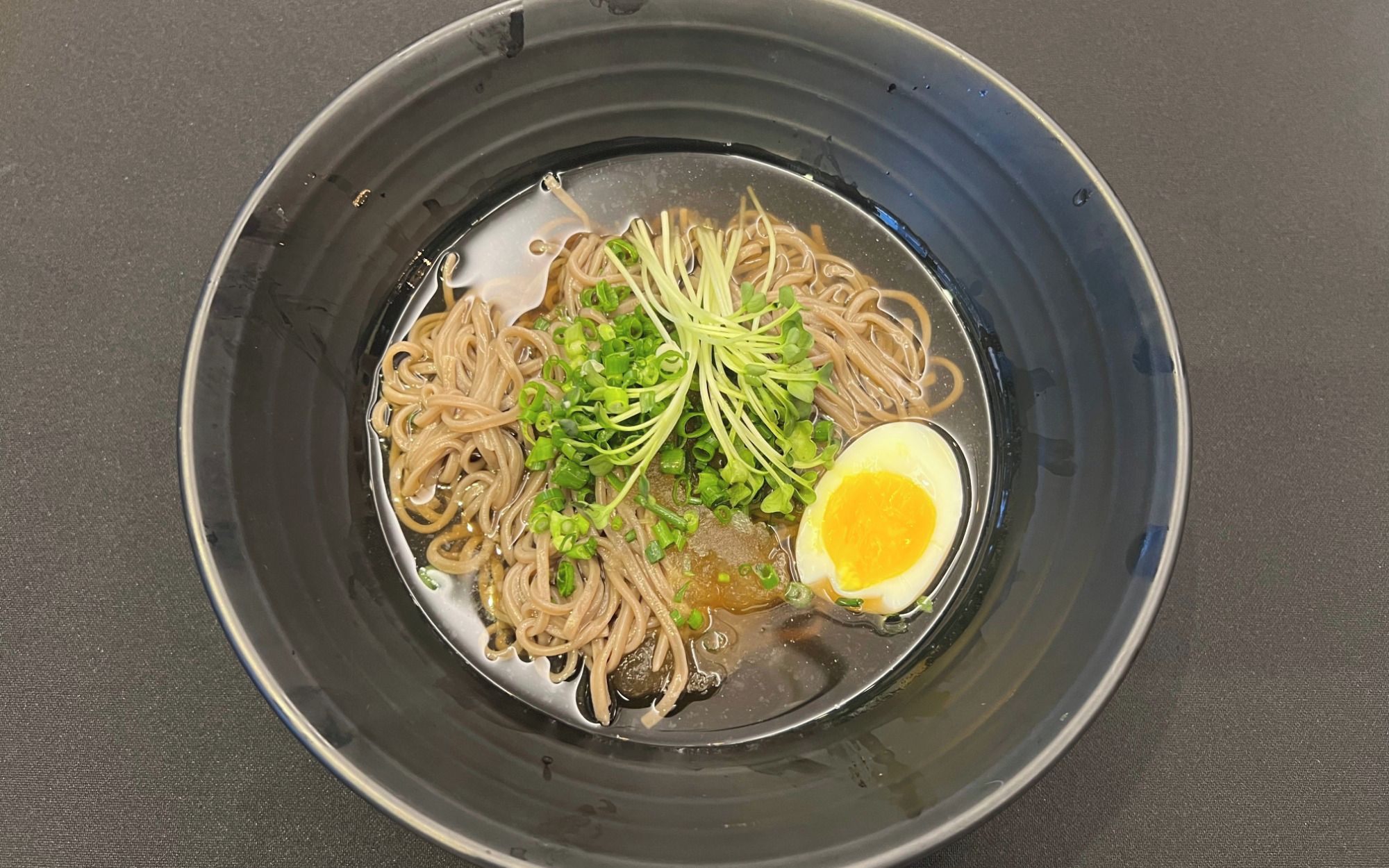 A bowl of noodles with green onions and a half-boiled egg on a dark plate.