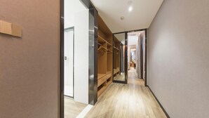 A modern hallway with a wooden floor, a built-in closet with a mirror, and a door leading to another room.