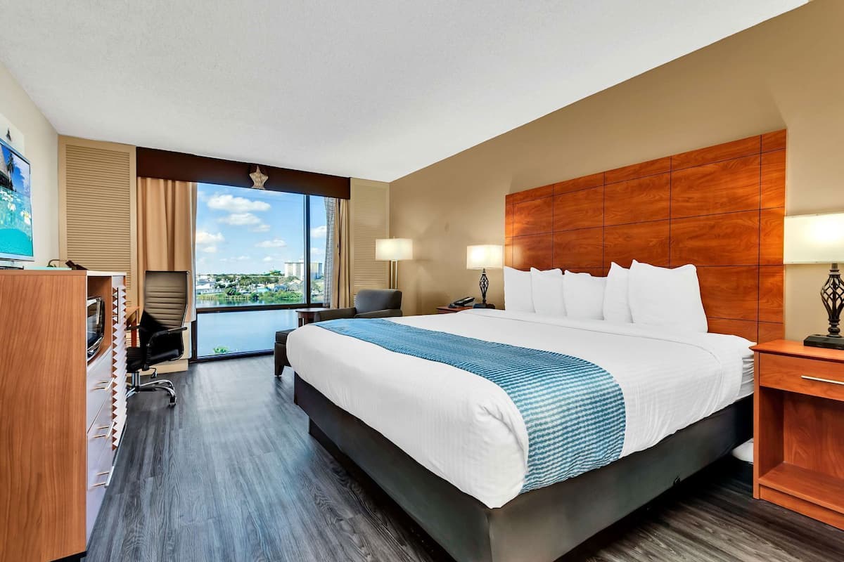 A hotel room with a large bed, a desk, a chair, a TV, and a view of the city.
