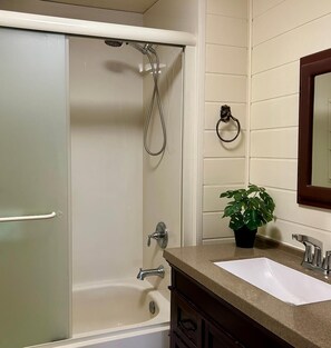 Combined shower/bathtub, hair dryer, towels, soap