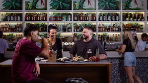 Zona de bar con múltiples estantes llenos de botellas, una barra y un mural de aves tropicales en la pared.