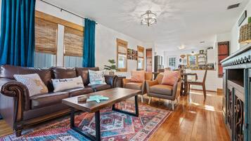 Smart TV, fireplace, books