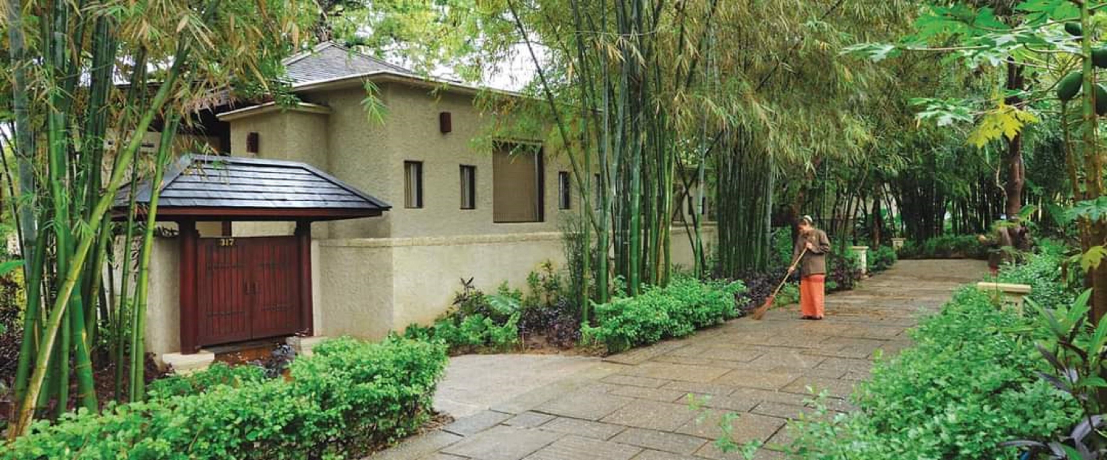 A house with a covered porch, surrounded by lush greenery and bamboo.