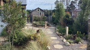 A garden with a gravel path, various plants, and a house in the background. - Sleep in the Clouds! The Haiku Hut... (Wentworth Falls)