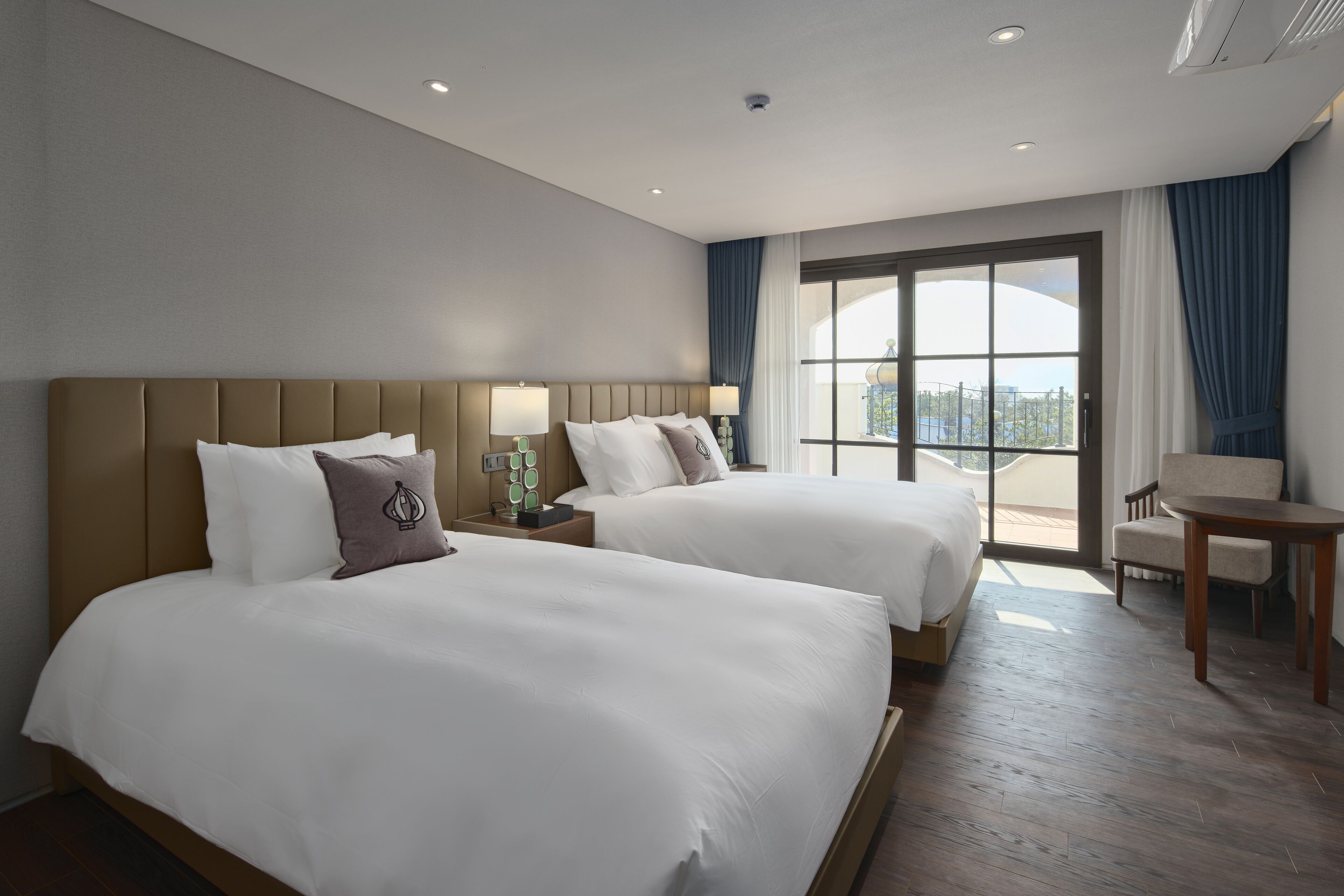 Desk, laptop workspace, blackout drapes, iron/ironing board