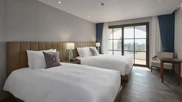 Desk, laptop workspace, blackout drapes, iron/ironing board