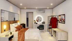 Moderni hotellihuone, jossa on sänky, yöpöytä, peili, työpöytä, tuoli ja naulakko, jossa on punainen takki.