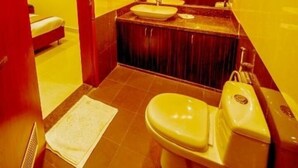 A bathroom with a toilet, sink, and mirror. - Hotel Durga Silverline (Jodhpur)