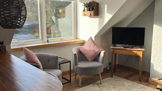 Un salon chaleureux avec une table à manger en bois, deux fauteuils gris, un téléviseur posé sur un meuble en bois et une grande fenêtre donnant sur l’extérieur.
