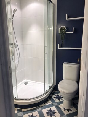 Ein Badezimmer mit einer Duschkabine, einer weißen Toilette und einem blauen Fliesenboden.