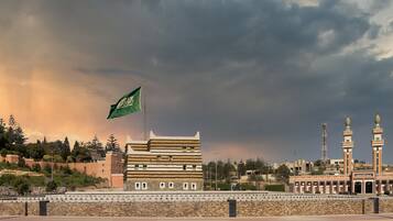 A building with a flag, a mosque with minarets, and a cloudy sky.