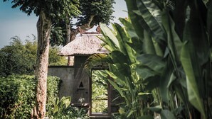 A pathway leading to a traditional thatched-roof structure surrounded by lush greenery and trees. - Kharista Villas & Retreat by Ekosistem (Canggu)
