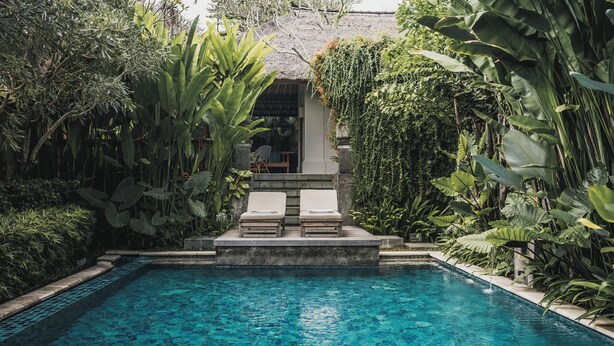 A pool with clear blue water, surrounded by lush tropical plants and a thatched-roof structure. - Kharista Villas & Retreat by Ekosistem (Canggu)