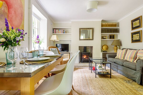 Smart TV, chimenea y libros 