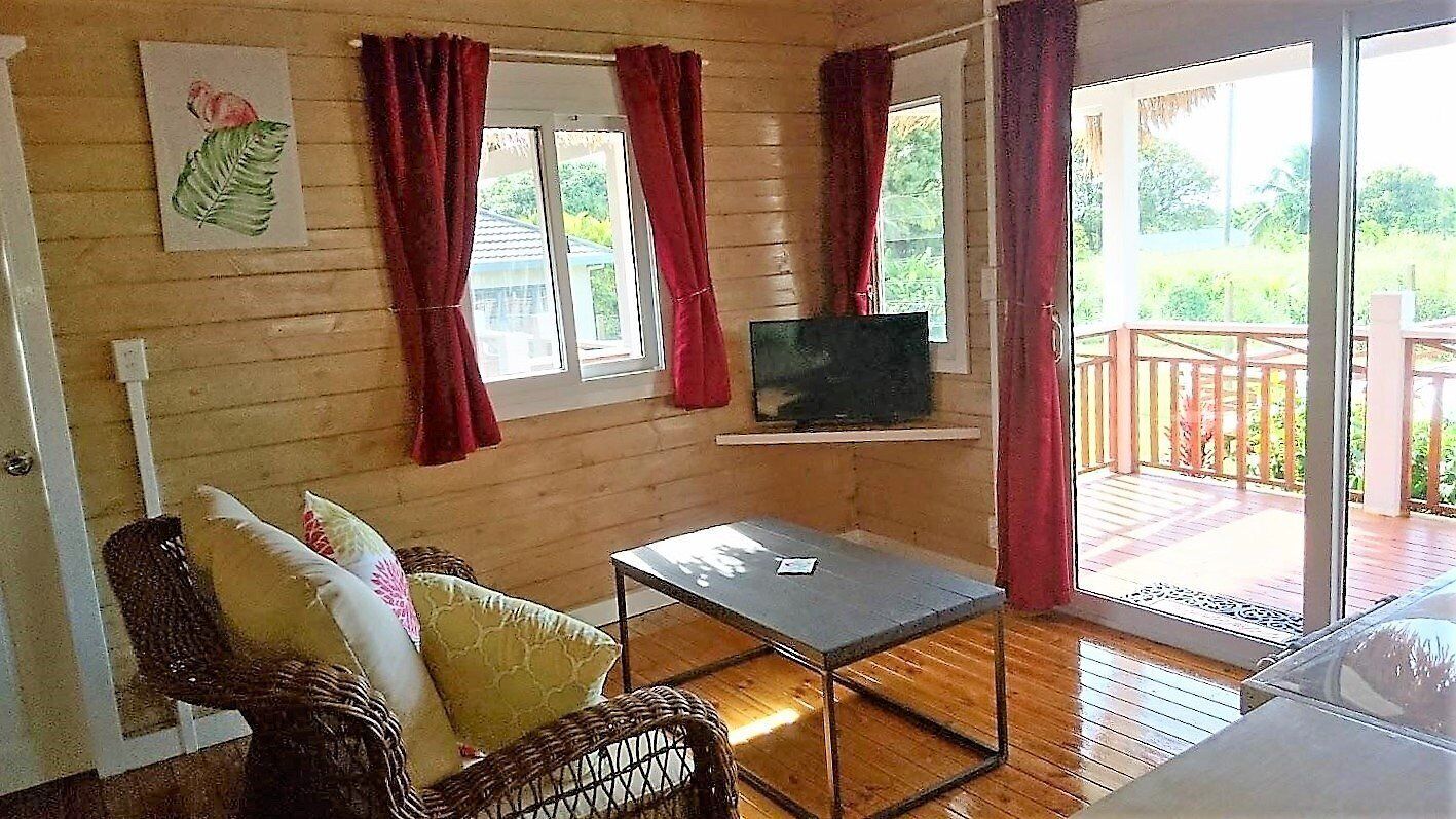 Una stanza con pavimento in legno, un divano con cuscini, un tavolino, una televisione su un mobile e un balcone con ringhiera.