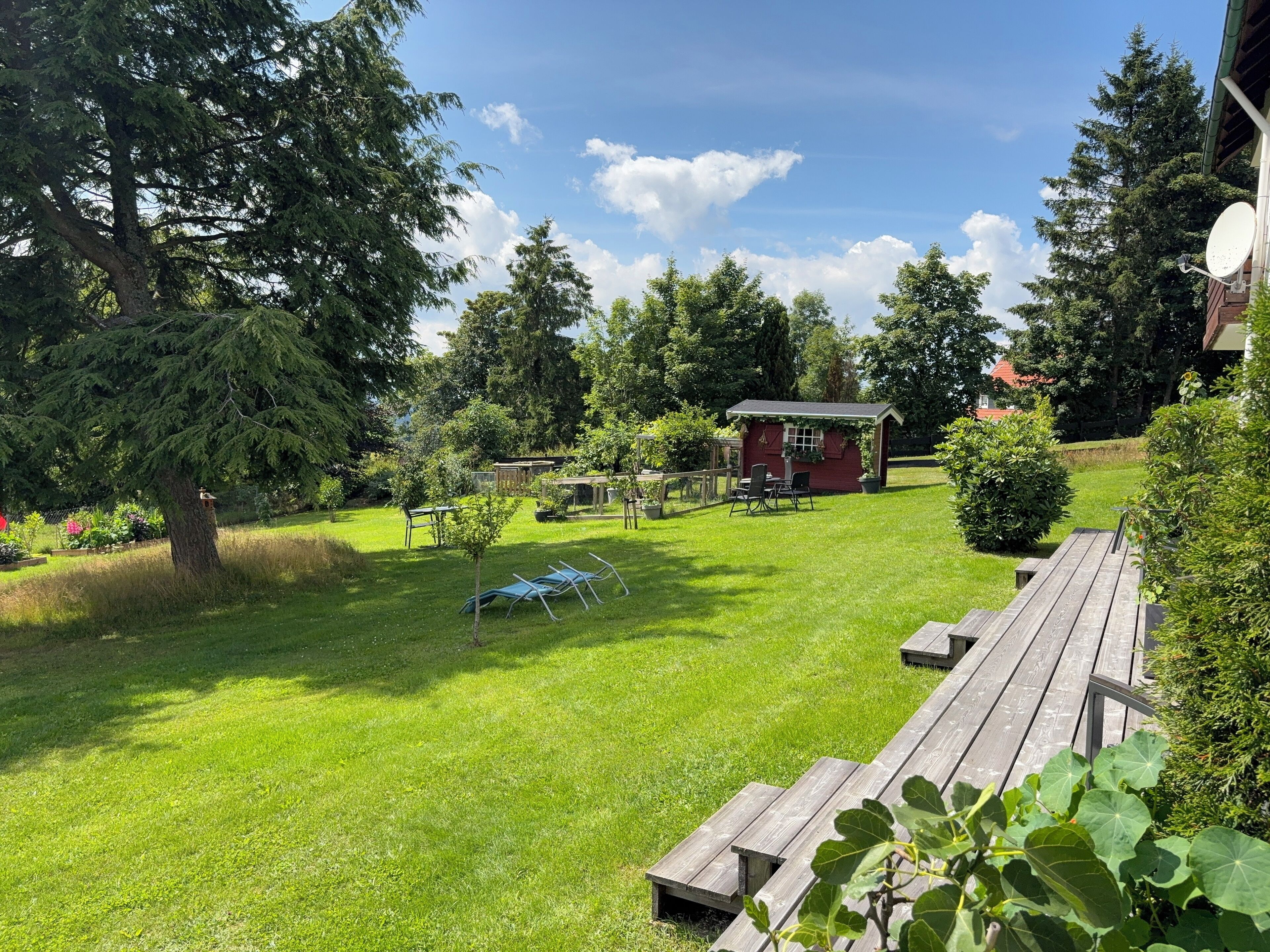 Ein gepflegter Garten mit einer Holzterrasse, einem kleinen roten Gebäude und einem großen Baum.
