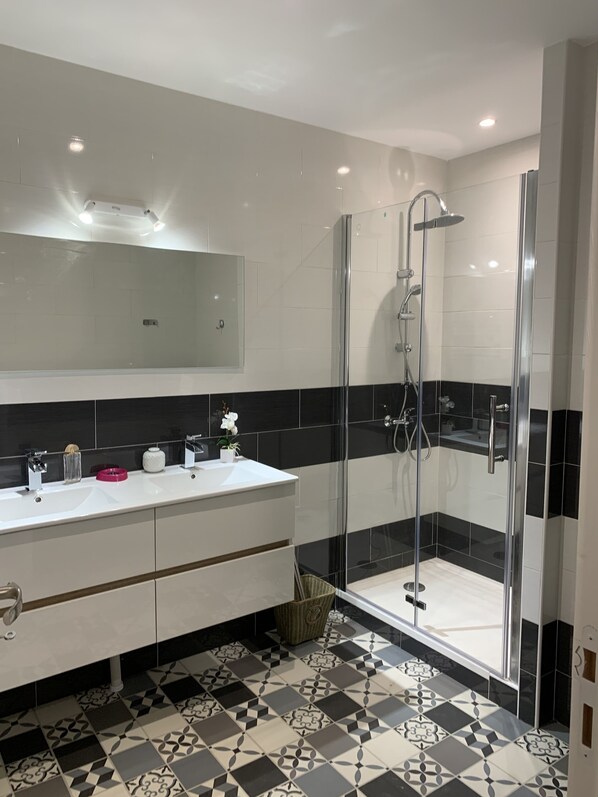 Shower, towels, soap, toilet paper