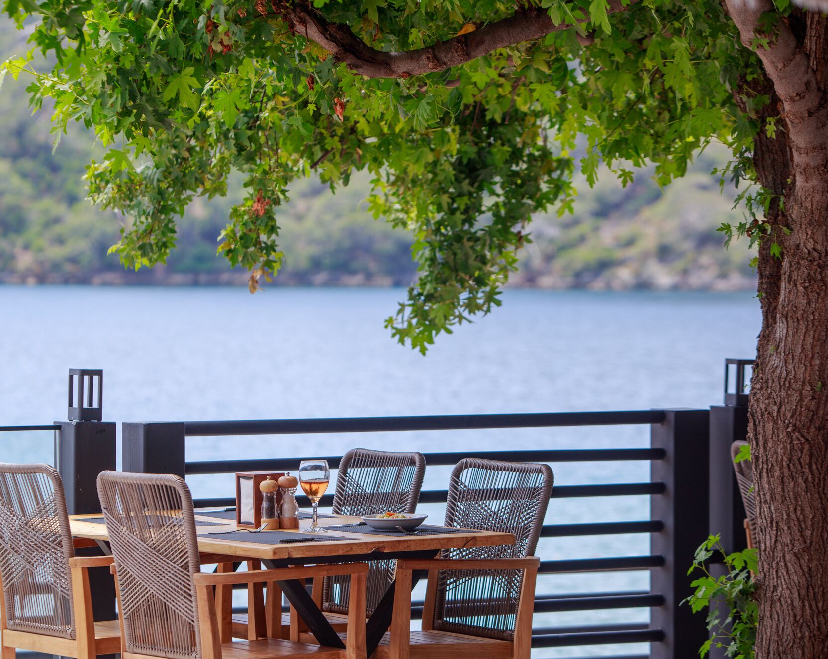 Une table à manger entourée de chaises en osier, un verre de vin et un bol de nourriture, le tout mis en valeur par un paysage composé d’une étendue d’eau et d’un arbre.