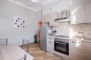 Fridge, microwave, oven, espresso maker