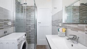 Shower, hair dryer, bidet, towels