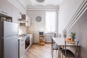 Fridge, microwave, oven, espresso maker