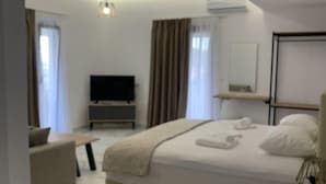 Un dormitorio moderno con una cama grande, un televisor de pantalla plana, una mesita de noche, un sofá y una lámpara en el techo.