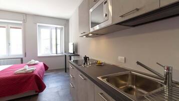 KĂŒhlschrank, Mikrowelle, Herdplatte, Wasserkocher mit Kaffee-/Teezubehör