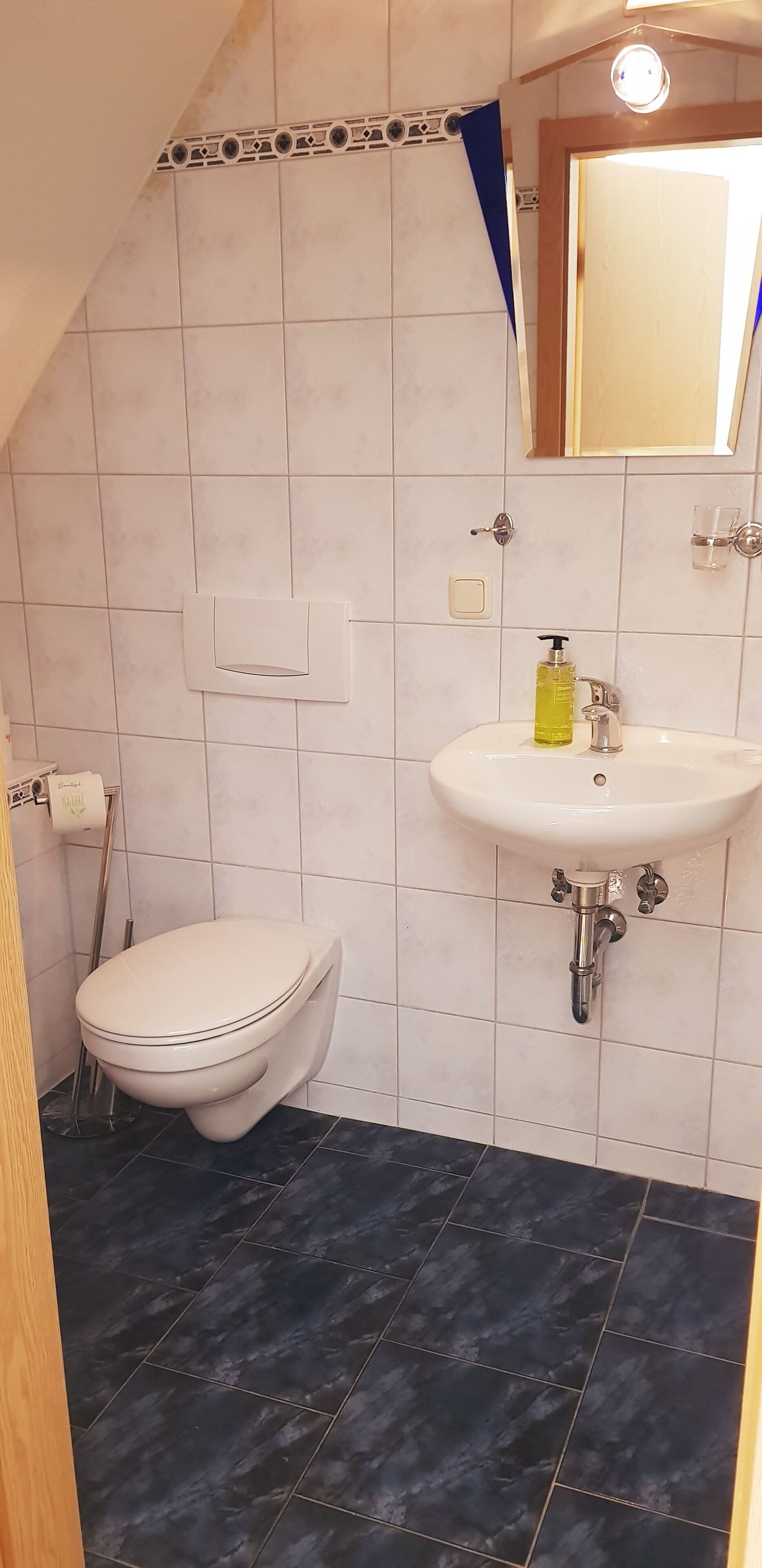 A bathroom with a toilet, sink, and mirror.