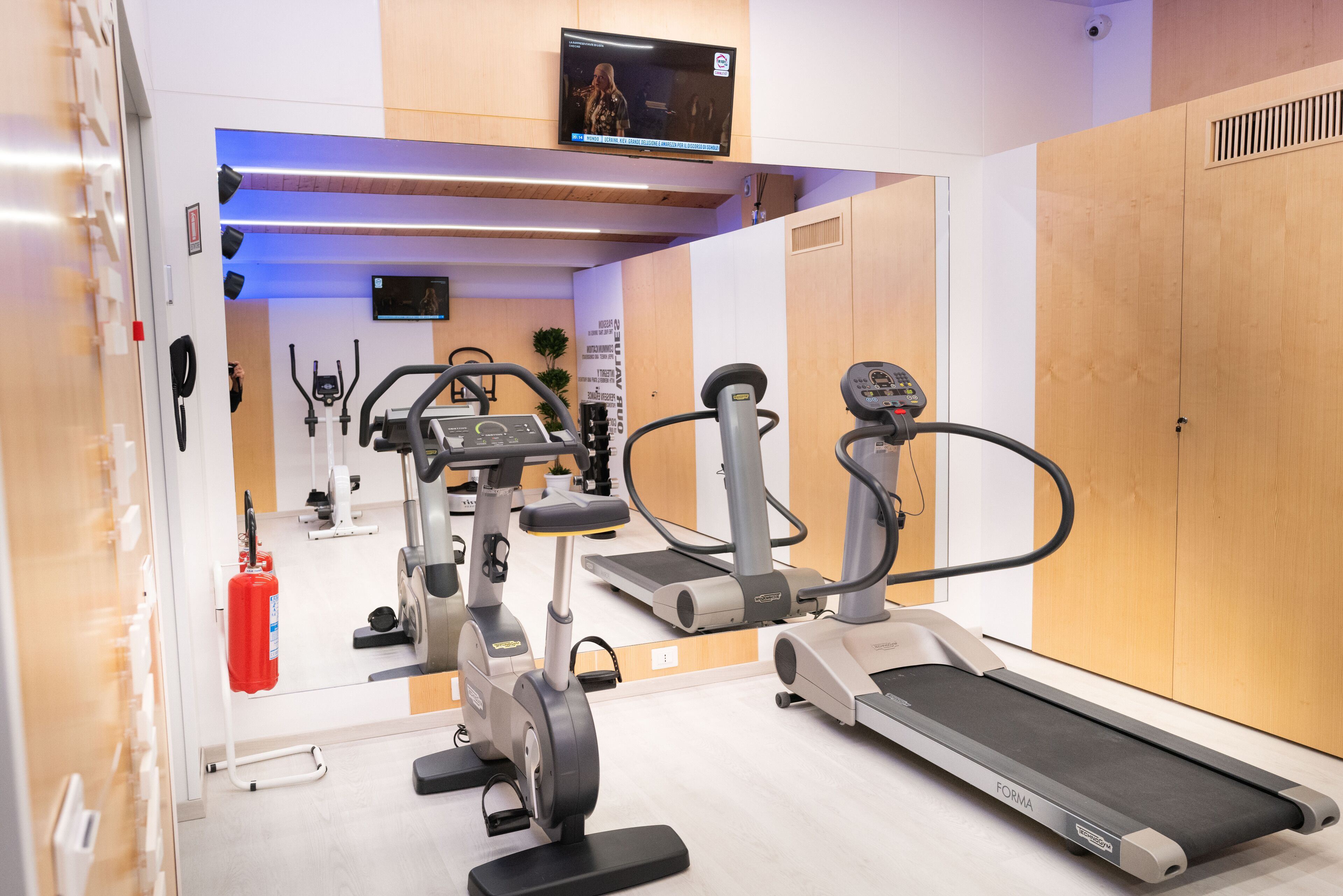 Une salle de sport équipée de tapis de course, de vélos d’appartement et d’un mur recouvert de miroirs.