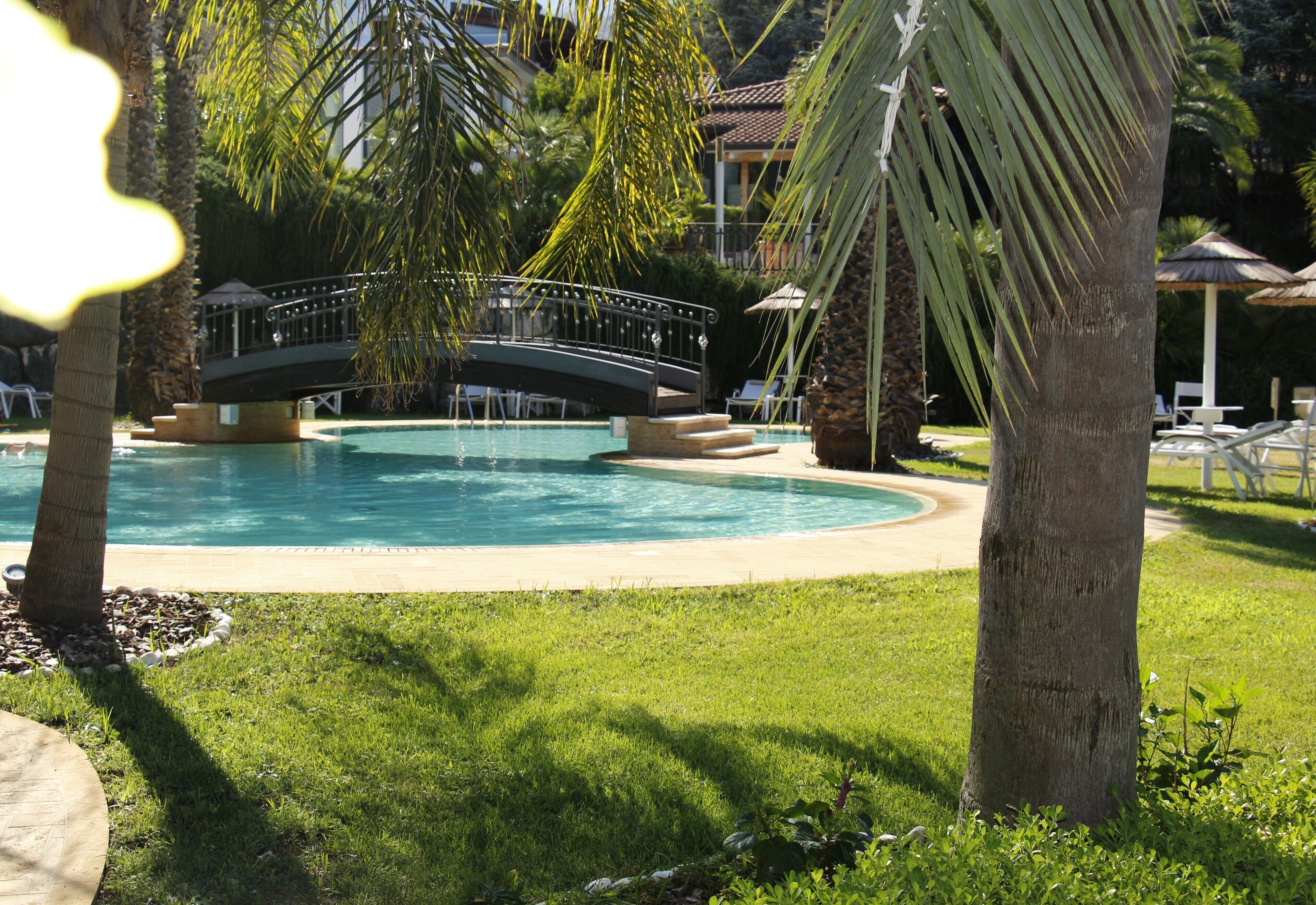 A pool area with a bridge, palm trees, and lounge chairs.