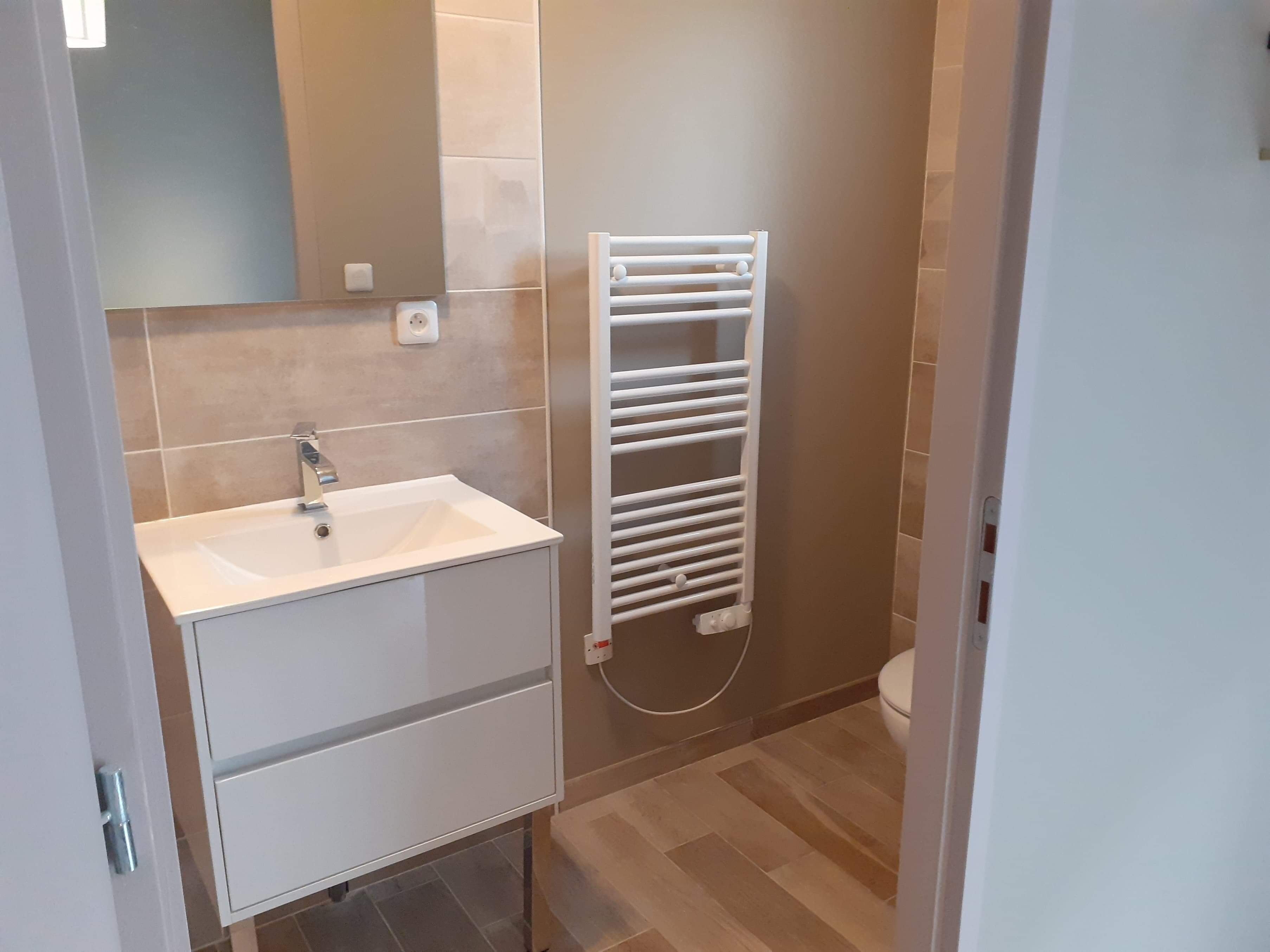 A bathroom with a white sink, a mirror, a towel rack, and a toilet.