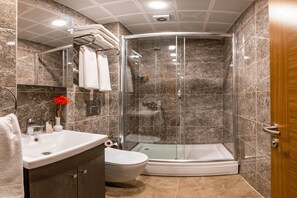 Regadera, secadora de cabello, pantuflas, toallas 