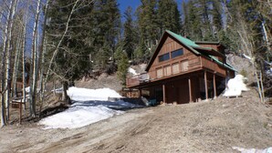 Une cabane avec une façade en bois, un balcon et une véranda.