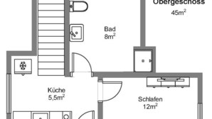 A floor plan of a hotel with a living room (16m²), kitchen (5.5m²), bathroom (3.5m²), bedroom (12m²), and balcony (8m²). - Beautiful vacation apartment in Kassel (Kassel)