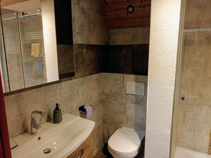 シャワー、ヘアドライヤー、タオル、トイレットペーパー