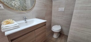 Regadera, secadora de cabello, bidet, toallas 