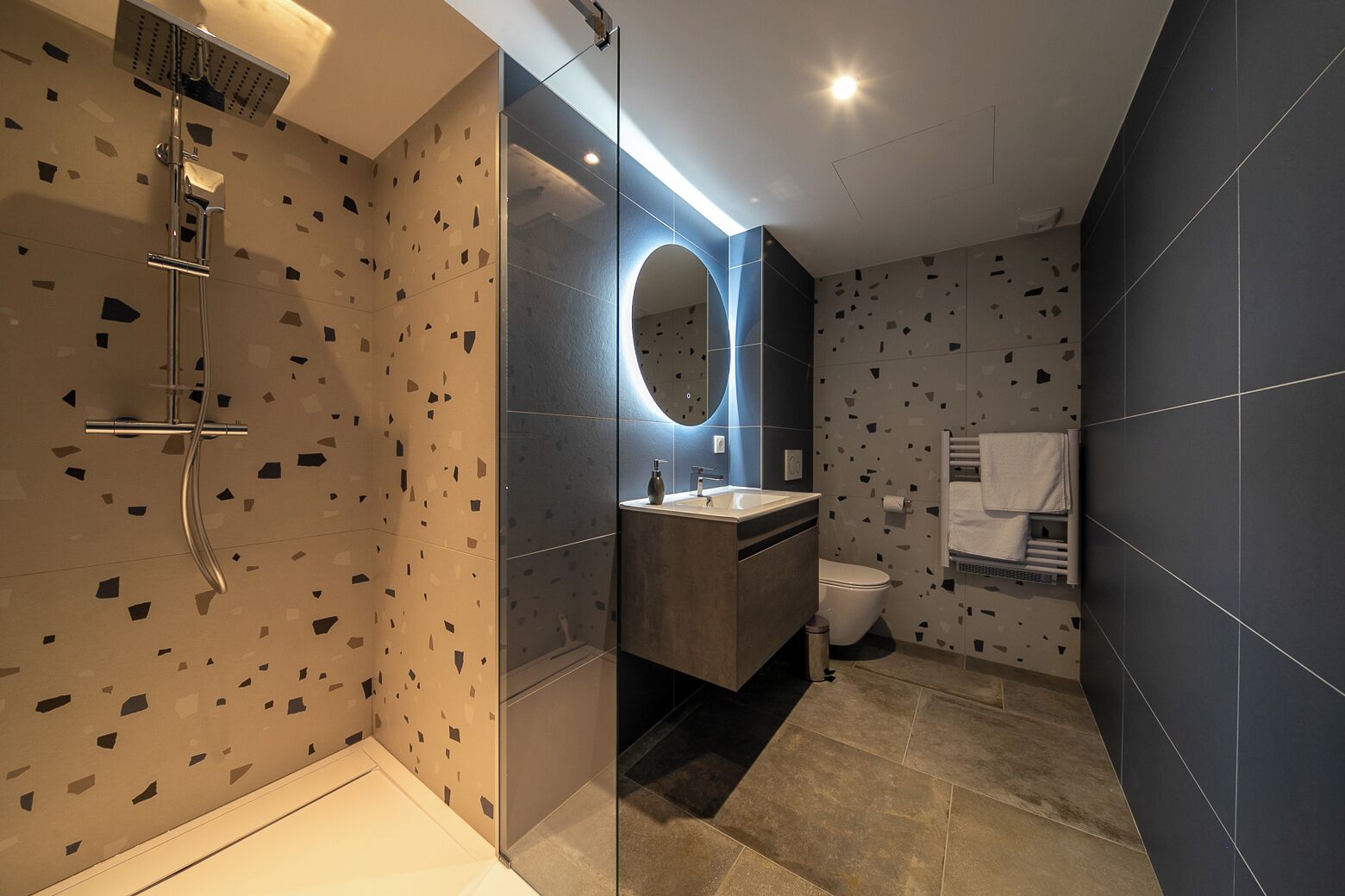 Een moderne badkamer met een douche, wastafel en toilet.