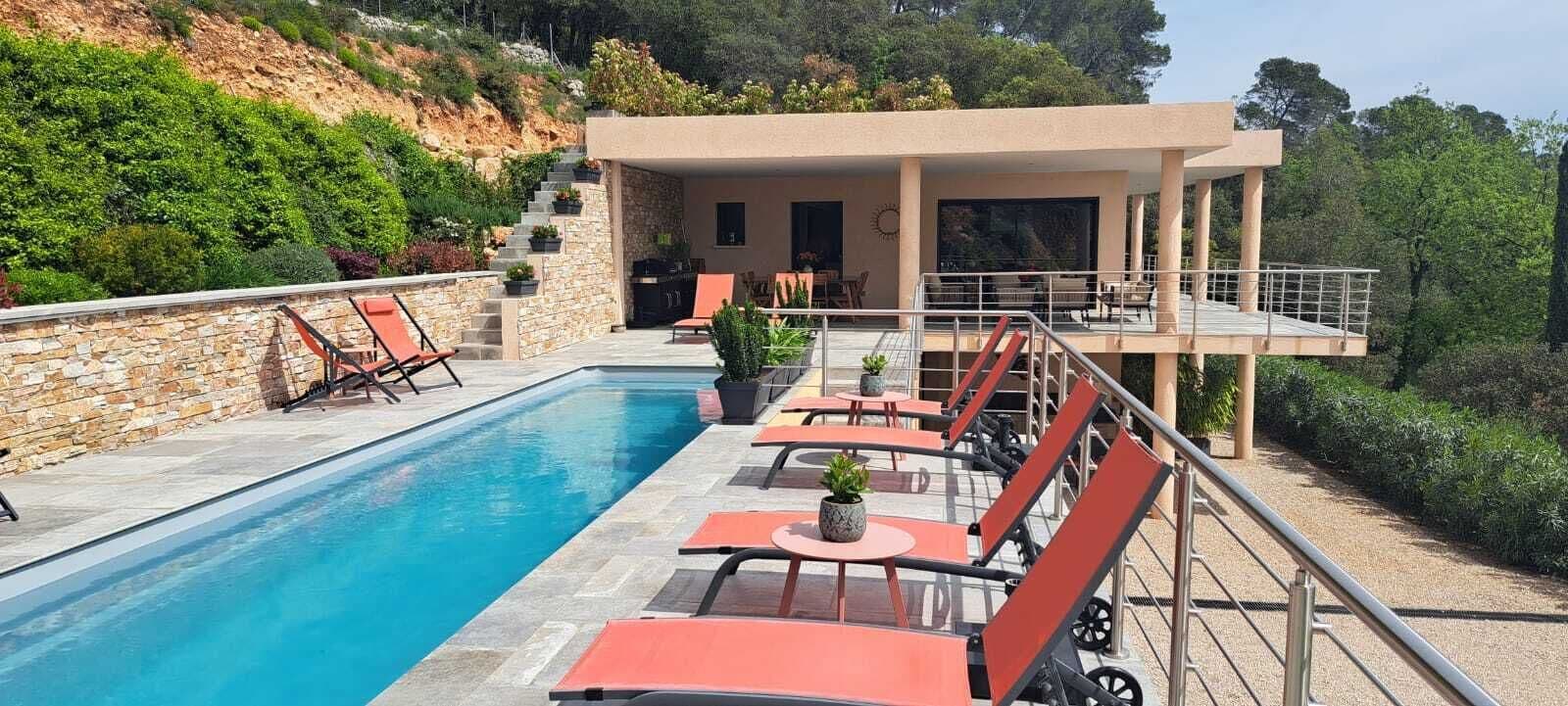 Outdoor pool, a heated pool, sun loungers