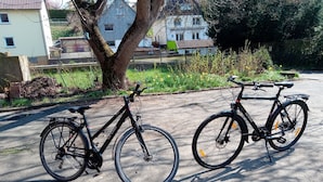 Two bicycles parked on a paved surface with a tree and residential buildings in the background.