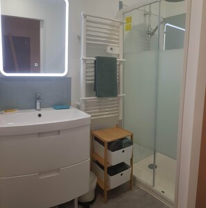 Shower, towels, soap, toilet paper
